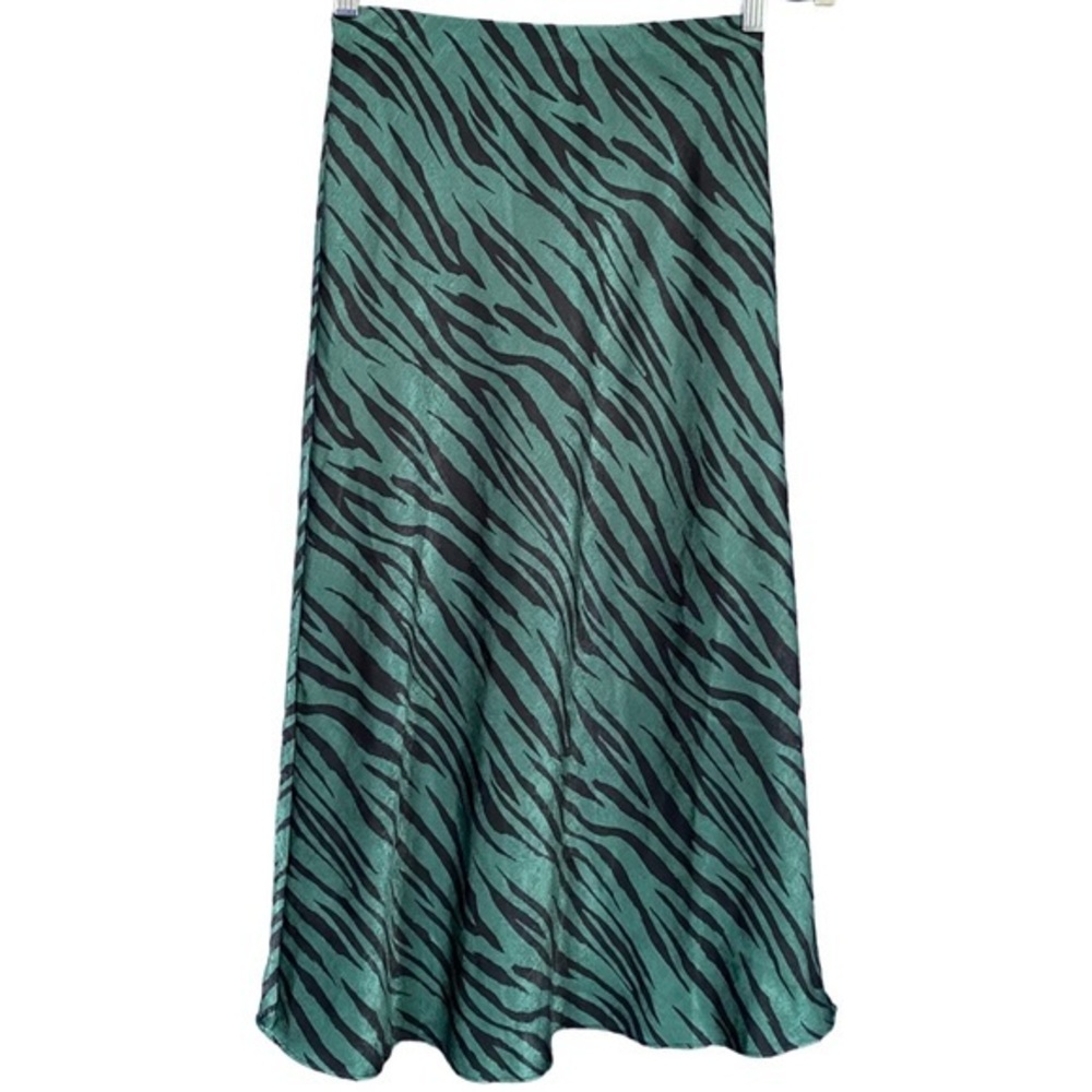 Zebra Print black and green satin‎ midi skirt